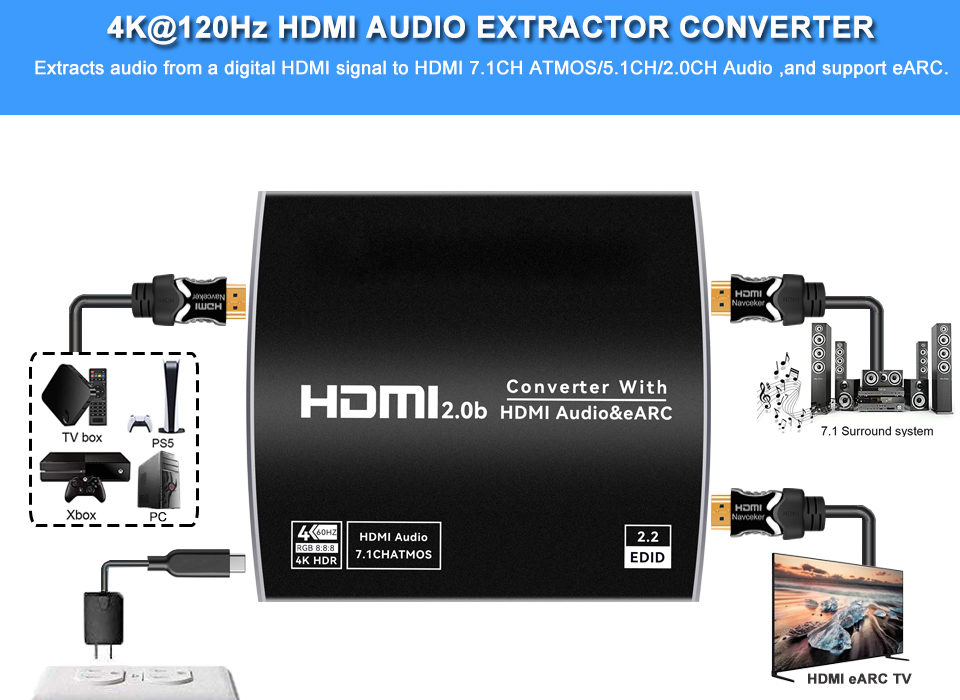4K 60Hz HDMI Earc Audio Extractor Converter 7.1CH ATMOS Dolby Atmos  supported