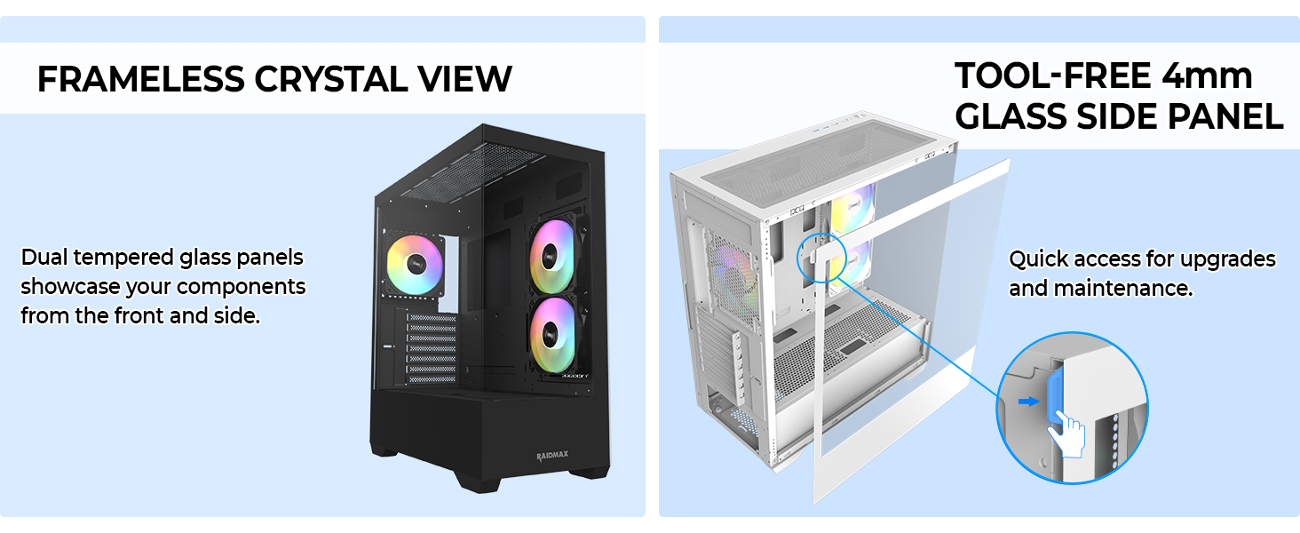 Frameless tempered glass with quick-release access for effortless upgrades and maintenance.