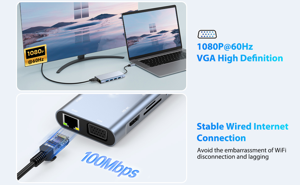 11-in-1 USB C Hub with PD 100W, 4K HDMI, VGA, Ethernet, 1 x USB 3.0, 3 x USB 2.0, SD/TF Card Reader