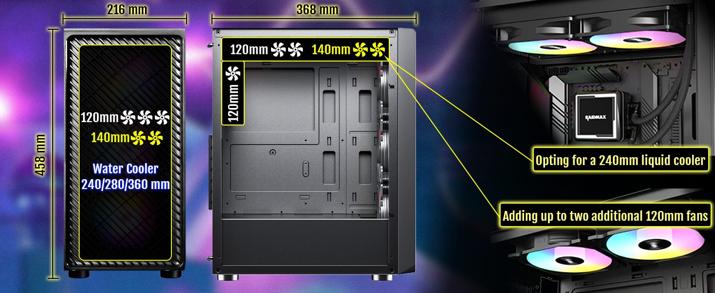raidmax v211 black gaming atx mid tower case, tempered glass with 4 120mm fans, static RGB light