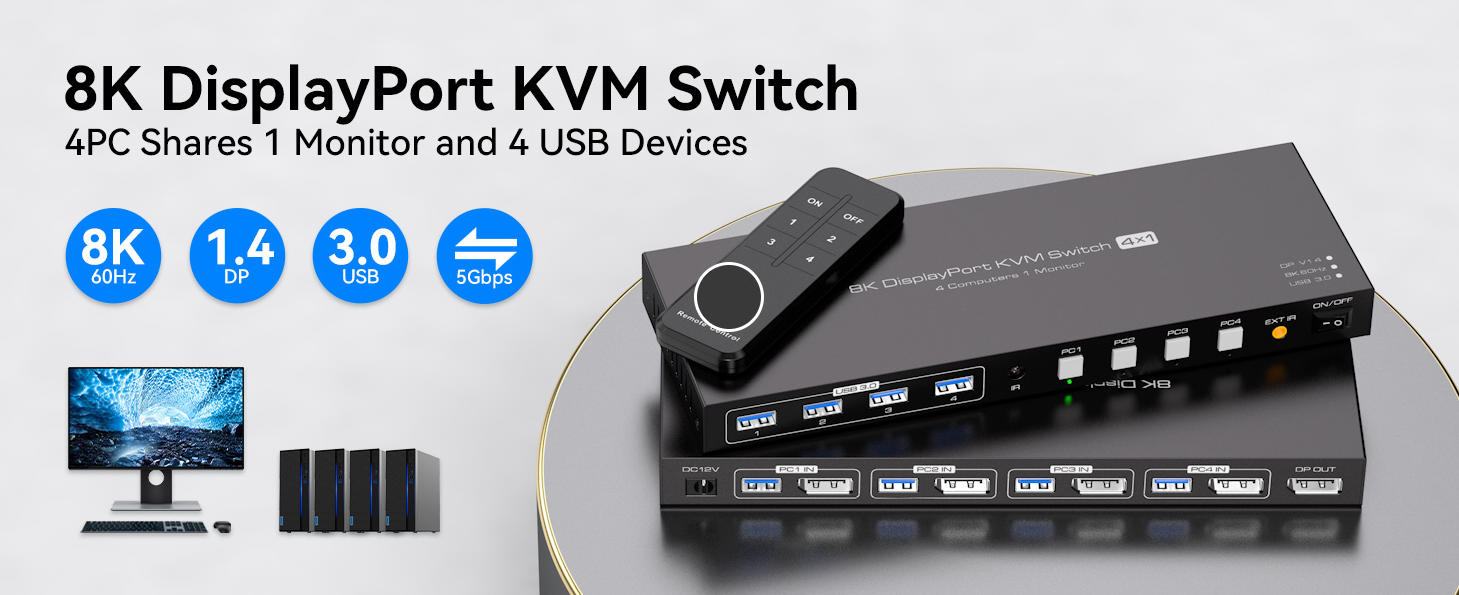 8K@60Hz 4 Ports Displayport KVM Switch 4 Computers 1 Monitor, 4K@144Hz 4 in 1 Out DP KVM Switches Sh