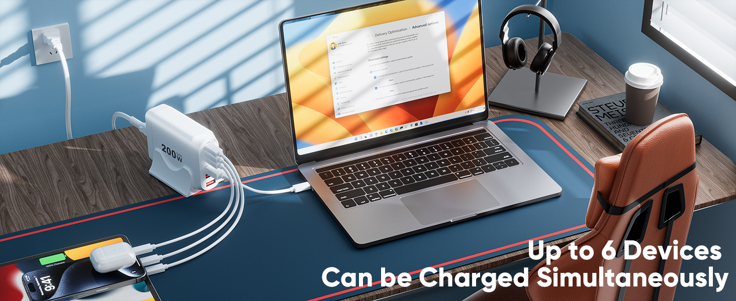 200W USB C Charger Block Multiple Ports, GaN III USB Charging Station 6 Ports Charging Hub