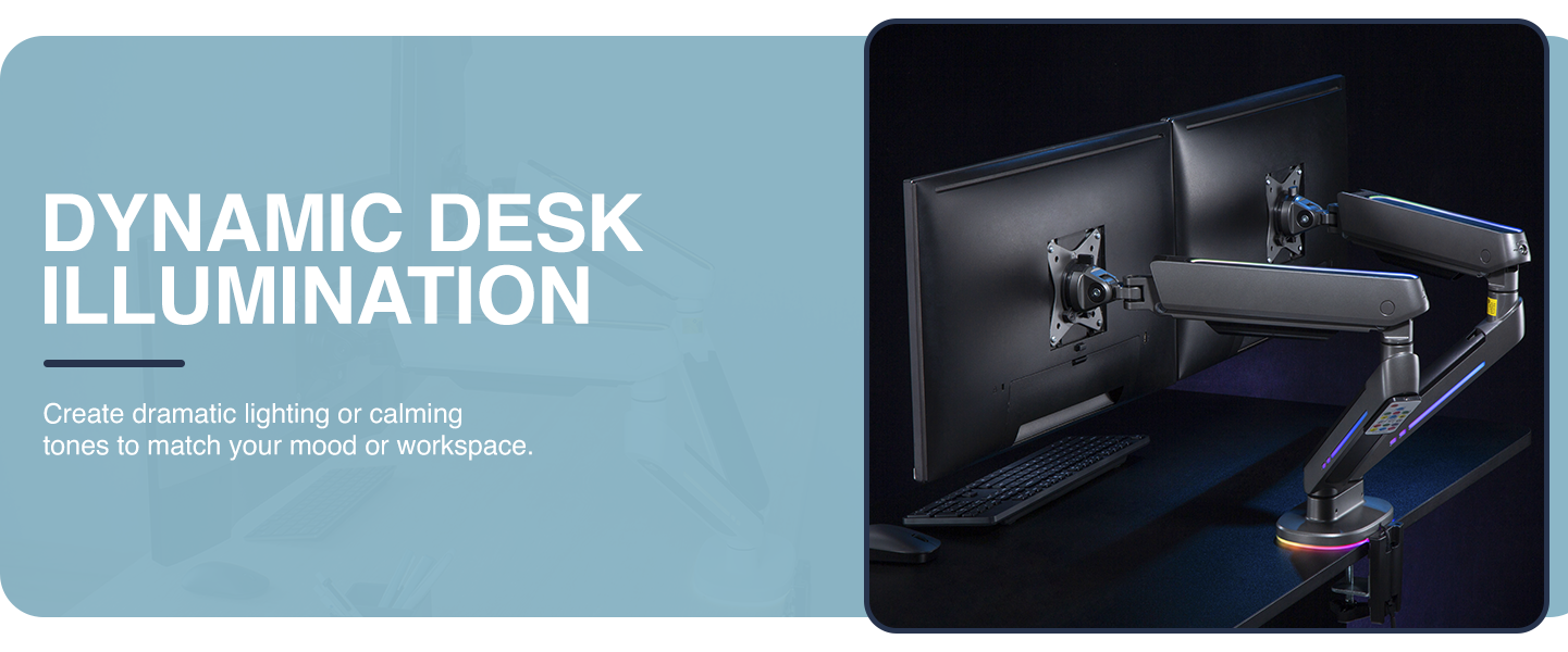 dual LED monitor arm, screen mount with lighting, mechanical spring monitor stand