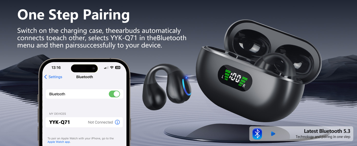 Open Ear Bone Conduction Headphones Bluetooth 5.3 Wireless Open Clip Ear Earbuds Built-in Mic