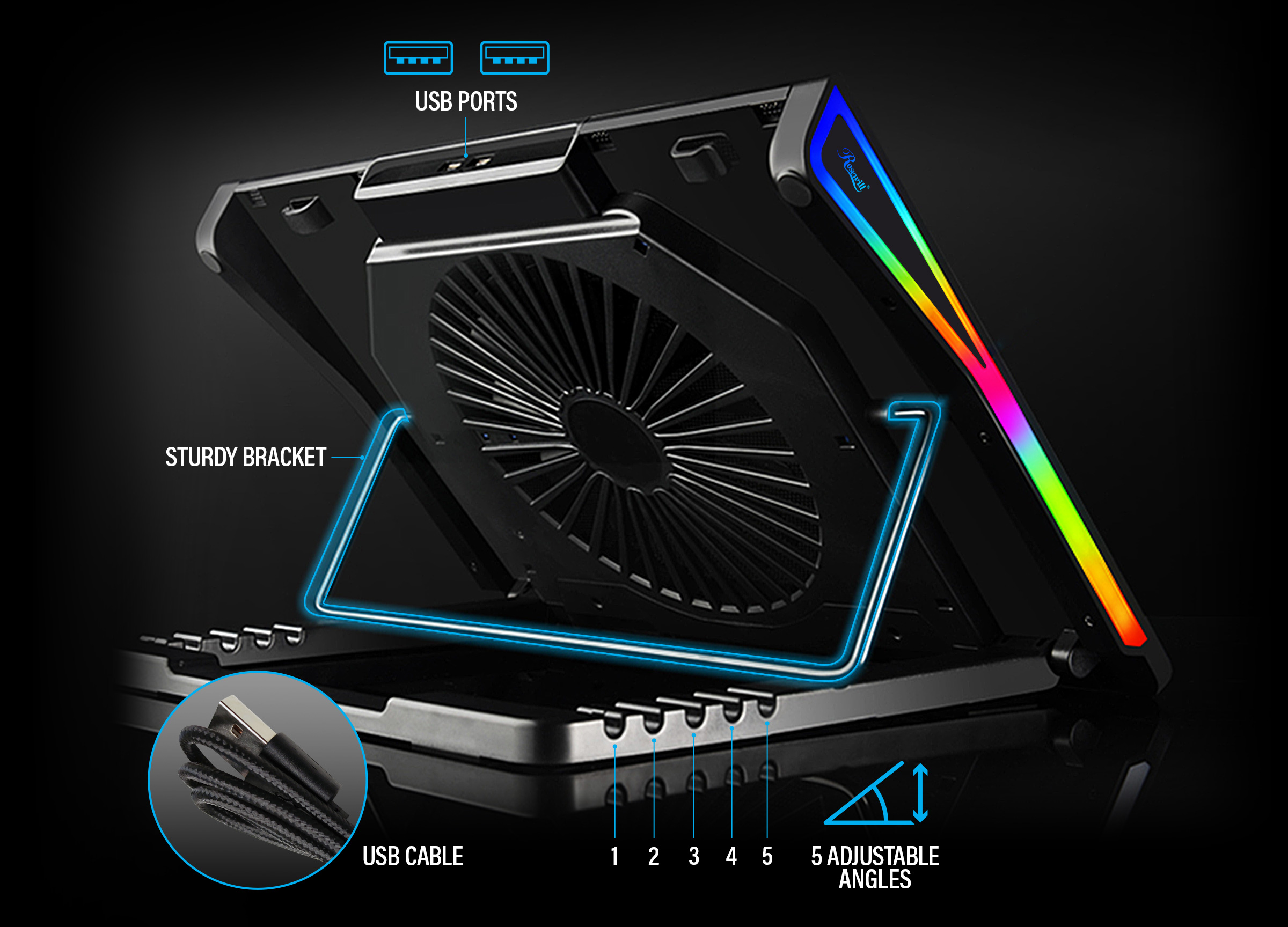 Ergonomic, Adjustable Fan Speed, Quiet, RGB Backlight, Adjustable Height, laptop cooler, cooling pad