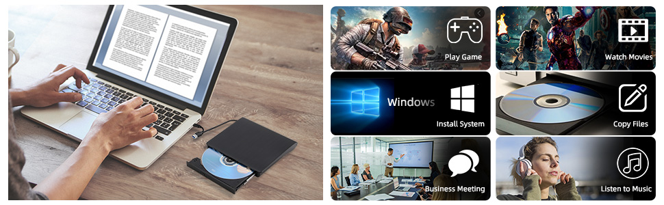 External CD/DVD Drive for Laptops, Type-C CD/DVD Player USB 3.0 Portable CD DVD Burner Writer Reader