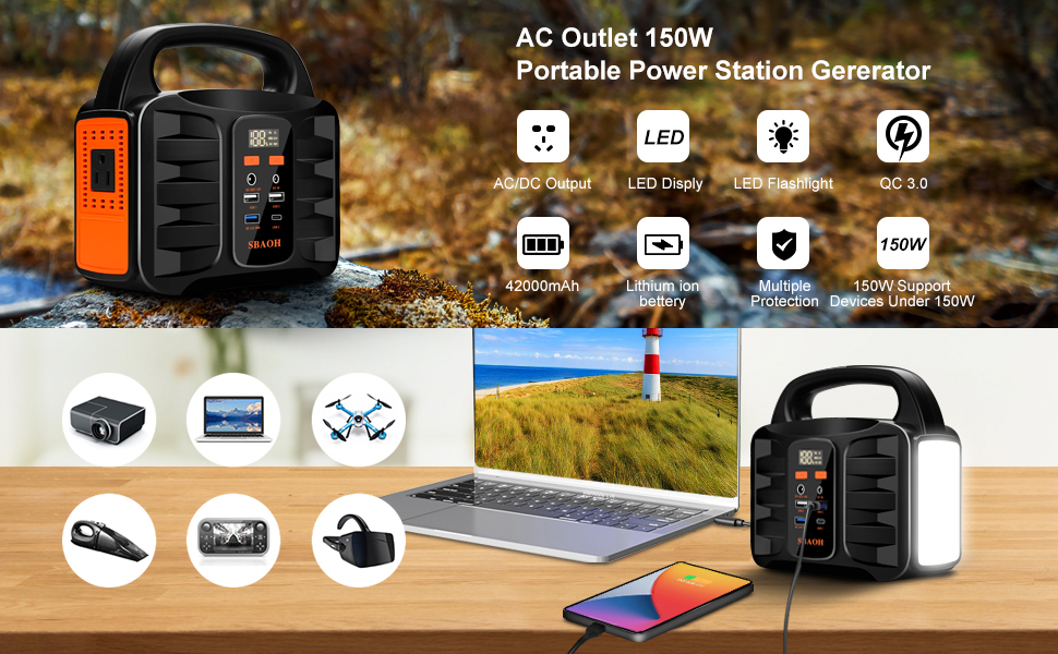 SBAOH 42000mAh 150W AC Outlet Portable Power Station Portable power supply is convenient to use anyw