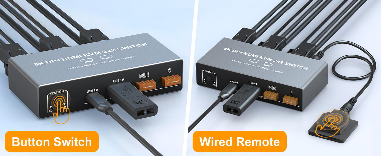 8K Dual Monitor KVM Switch, DisplayPort HDMI KVM Switch 2 Monitors 2 Computers, 4 USB 3.0 Ports