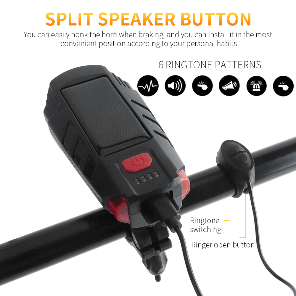 Solar Powered Led Bicycle Front Headlight with Horn, USB Rechargeable Waterproof Bike Light