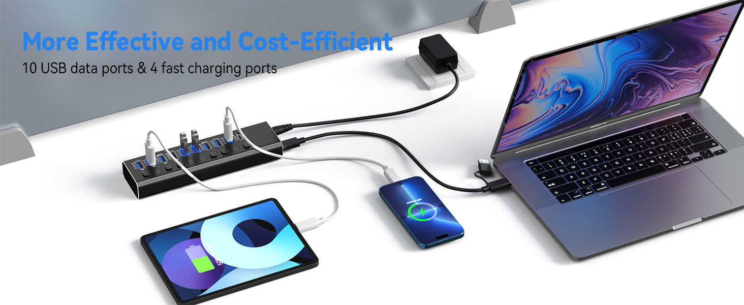 10 ports powered USB 3.2 hub, instantly expand 1 port from laptop/PC to 10 USB data ports and 4 fast