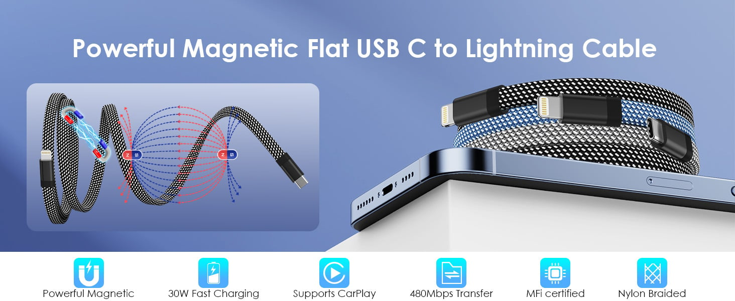 Powerful Magnetic Flat USB C to Lightning Cable