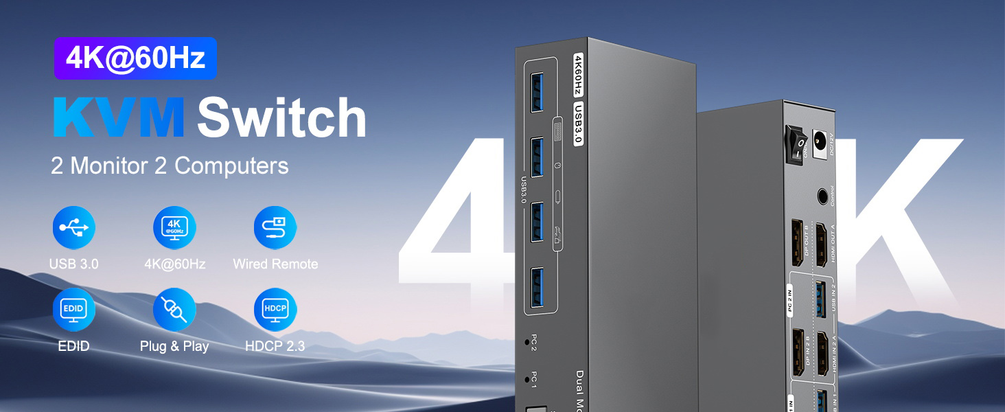 Dual Monitor KVM Switch 2 Monitors 2 Computers, 4K@60Hz 2 Ports HDMI + Displayport KVM Switches for