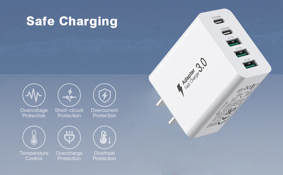 [2-Pack] USB C Charger Block, 5 Ports 50W Charging Blocks, Fast Wall Charger