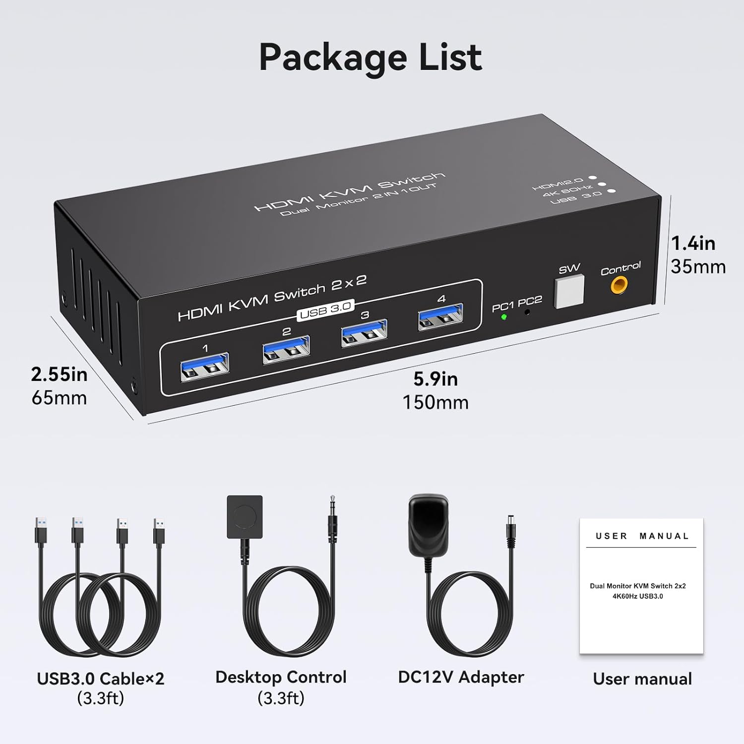 4K@60Hz Dual Monitor HDMI KVM Switch 2 Monitor 2 Computers, USB 3.0 HDMI KVM Switches for 2 Computer