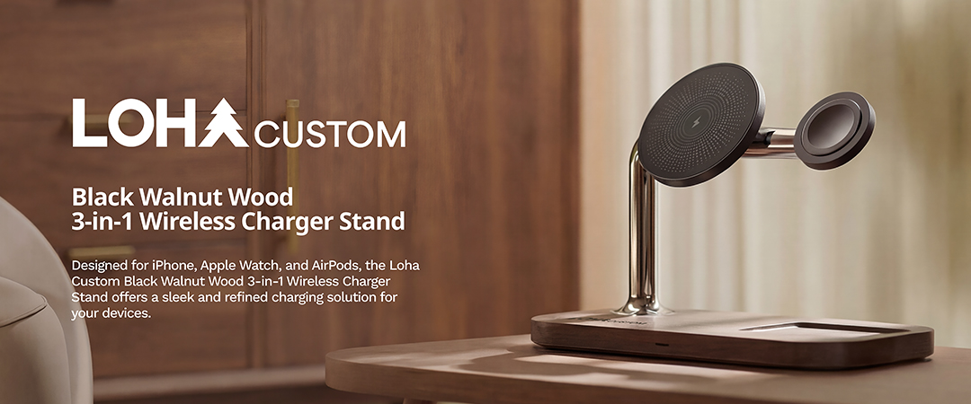 Black walnut wood 3-in-1 wireless charger stand for iPhone, Apple Watch and AirPods