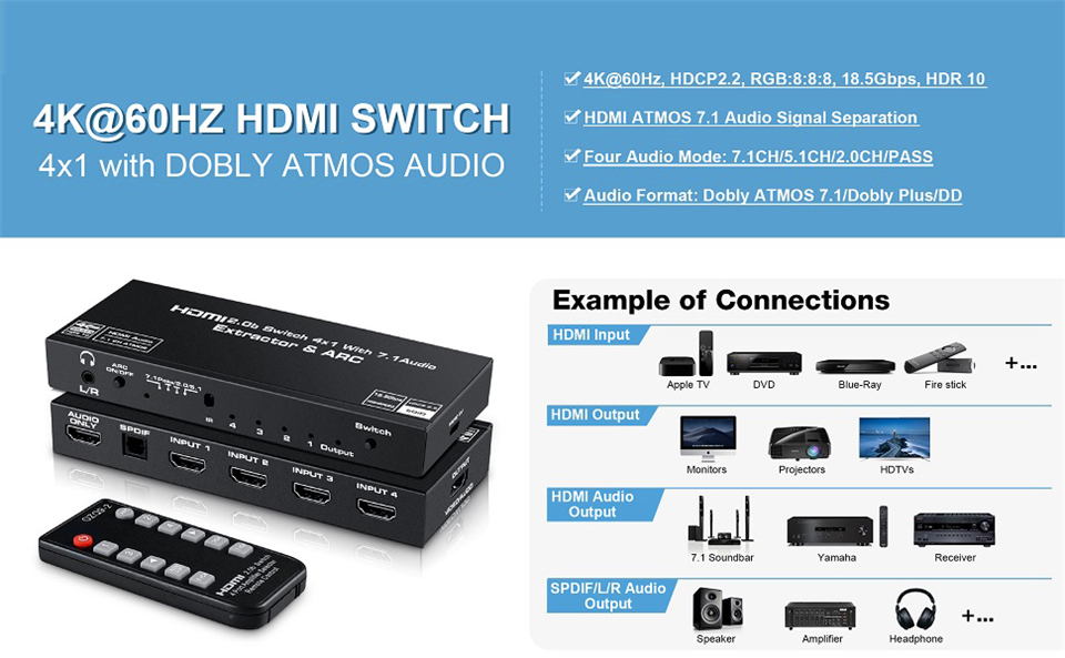 HDMI Switch 4x1 with Audio Extractor, 4K@60Hz Ultra HD HDMI Switcher with  Optical TOSLINK SPDIF, 3.5mm Audio Support ARC Function, 3D, 1080P @120Hz