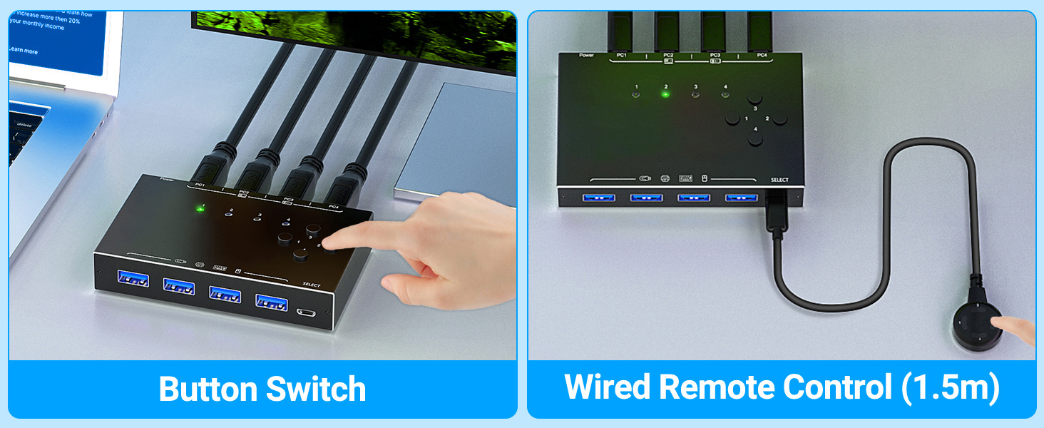 Two methods to switch between 4 computers. With indicator lights pointing to the running computer. W