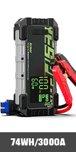 YESPER Car Battery Jump Starter 3000A Peak, for 12V up to 10.0 L Gas 8.0L Diesel Engine, 20000mAh p