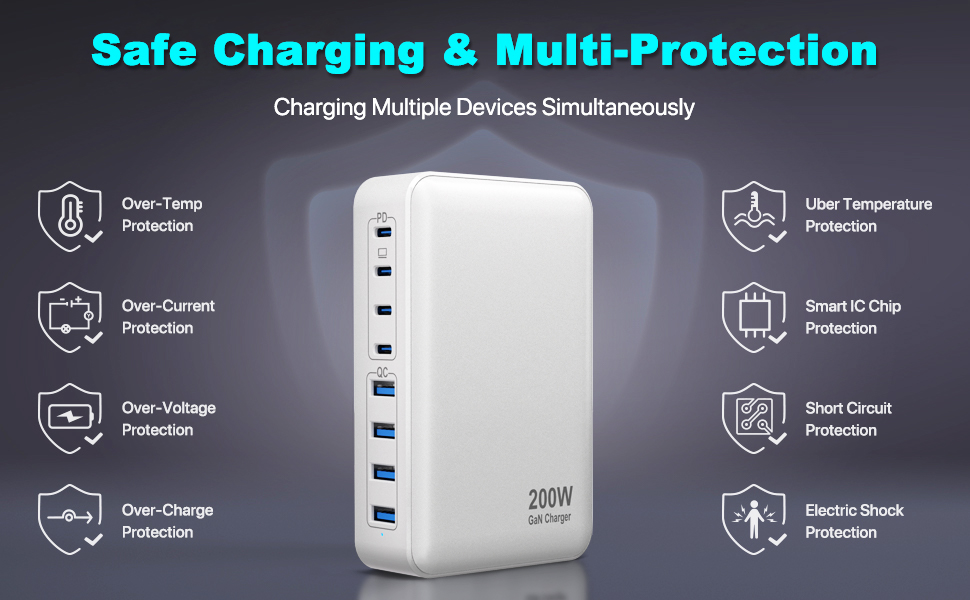 USB C Charger, 200W 8-Port QC & PD USB C Charging Station Hub, GaN Fast Charger