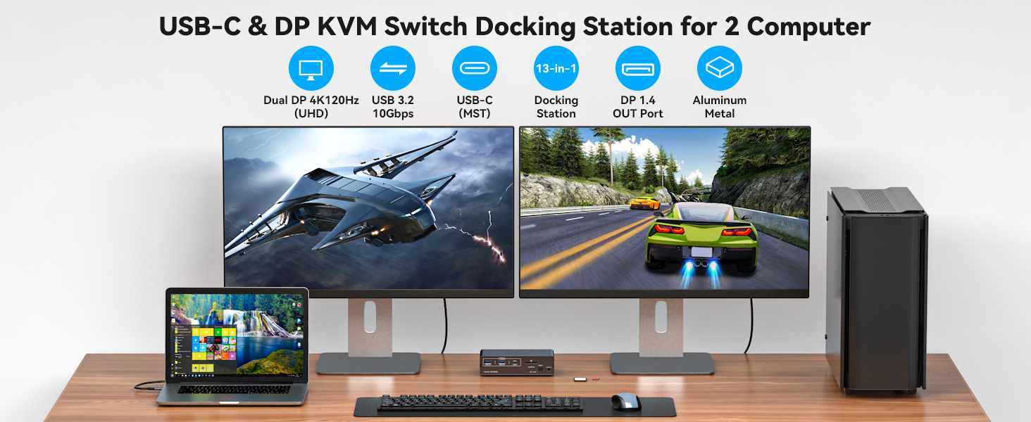 AUTYUE KVM Switch Docking Station 4K@120Hz USB C Displayport KVM Switch 2 Monitors 2 Computers