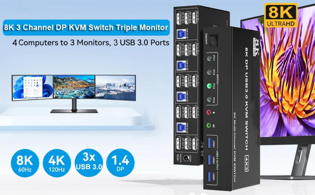 USB3.0 Displayport KVM Switch (DP + DP + DP + DP) 4 ports Triple Monitor