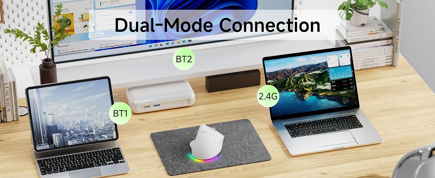 Ergonomic Wireless Mouse, 2.4G & Bluetooth Wireless Mouse for Laptop, Silent Click Dual-Mode