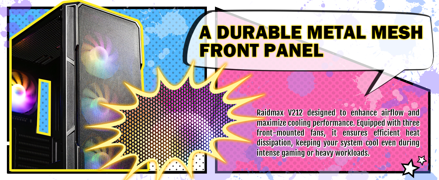 raidmax v212 mesh gaming case, atx mid tower, tempered glass, pre-installed 4 120mm fans