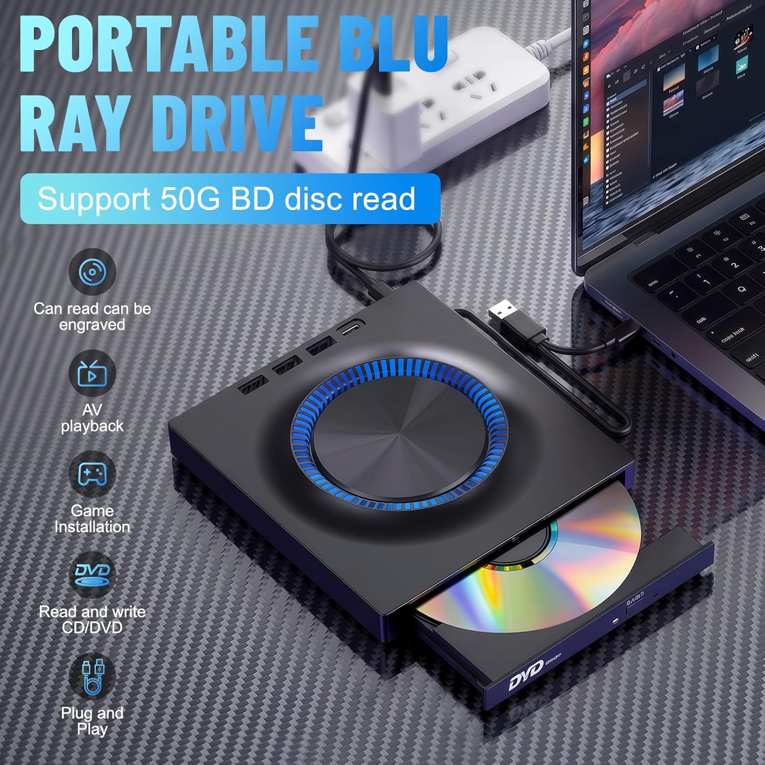External Blu-ray DVD Drive, 7-in-1 Bluray/DVD/CD Burner With RGB Ambient Light, Portable Ultra-Slim