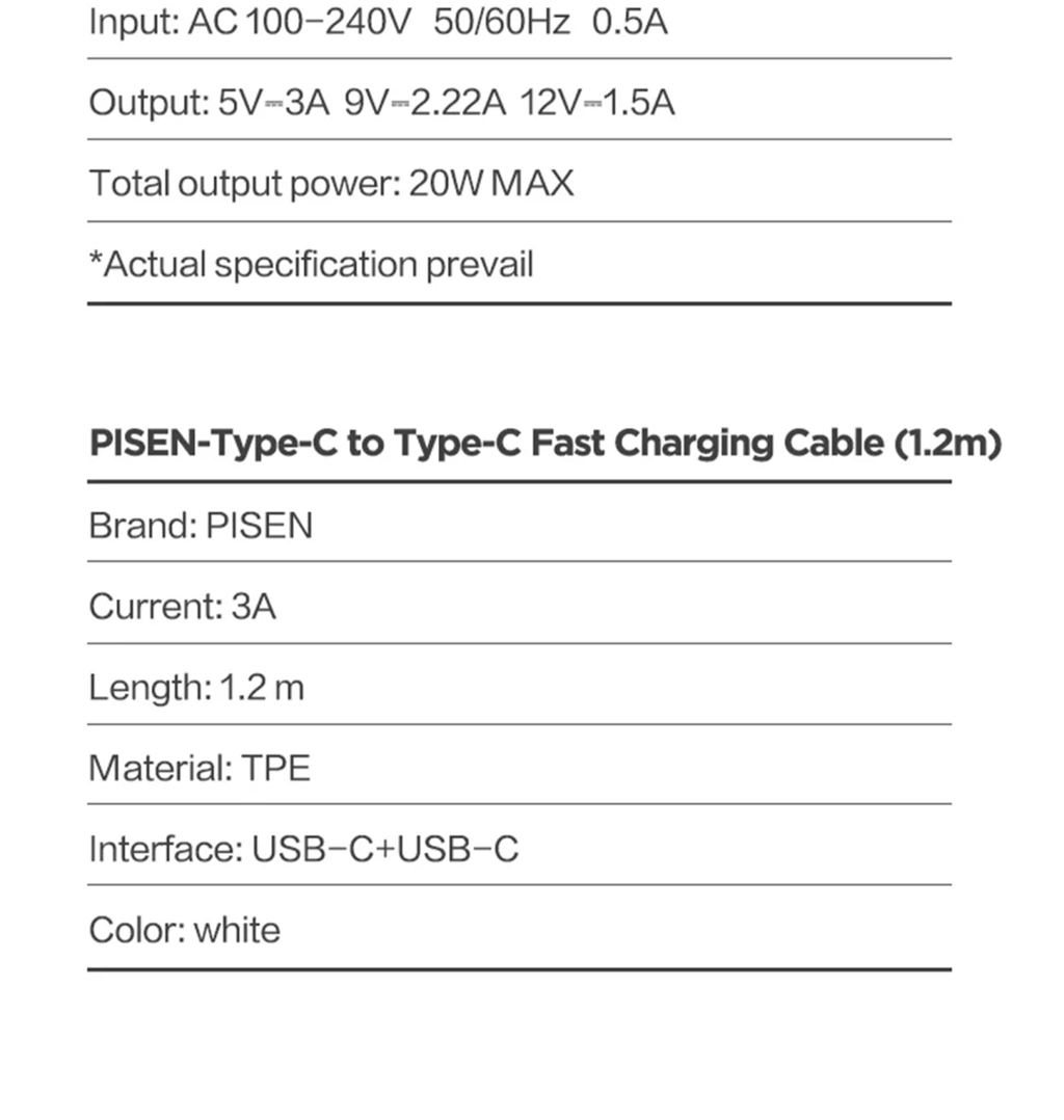PISEN TS-C135A Quick USB-C 20W Fast Wall Charger
