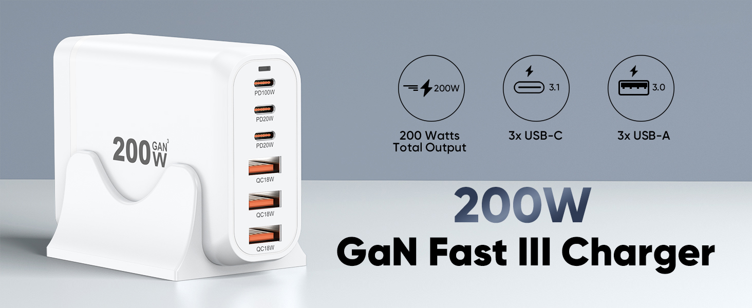 200W USB C Charger Block Multiple Ports, GaN III USB Charging Station 6 Ports Charging Hub, Multi Po