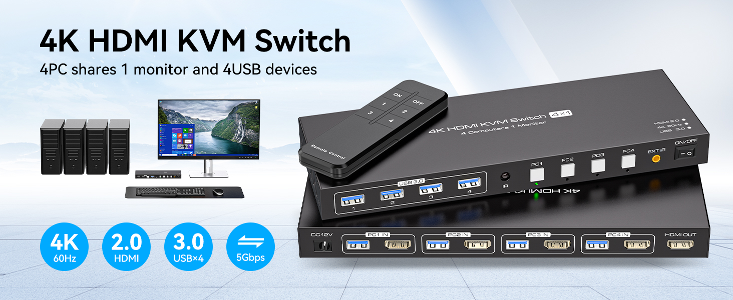 USB 3.0 HDMI KVM Switch 4 in 1 Out for 4 Computers 1 Monitors, 4K60Hz 4 Port HDMI 2.0 KVM Switches S