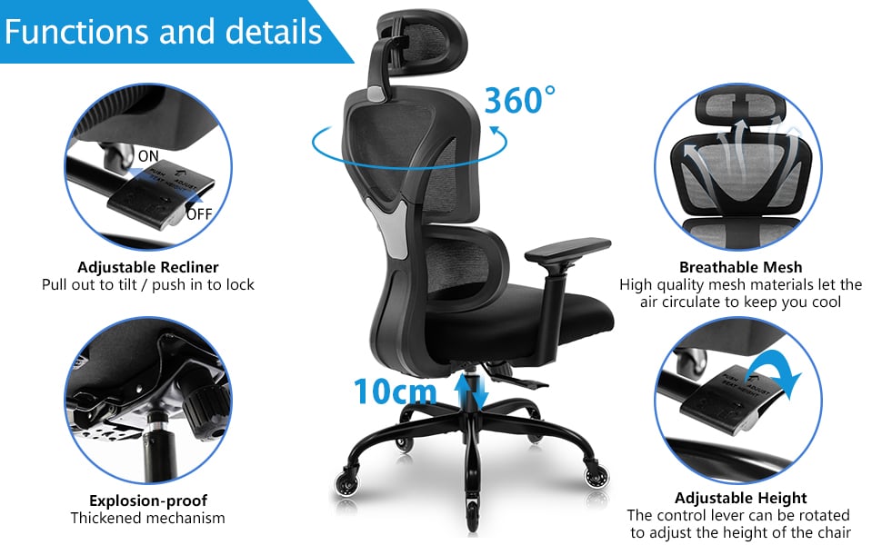 KERDOM Ergonomic Office Chair, Home Desk Chair, Comfy Breathable Mesh Task  Chair, High Back Thick Cushion Computer Chair with Headrest and 3D  Armrests, Adjustable Height Home Gaming Chair Black White 