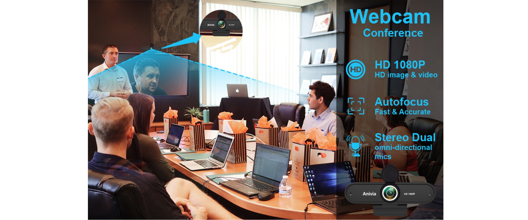 EACH webcam,video conference,1080P HD,auto focus,dual omnidirectional mics,meeting room
