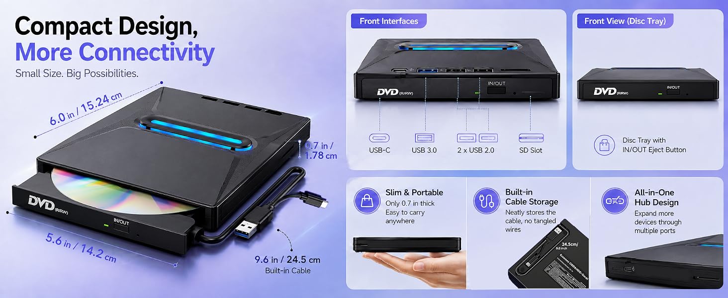 USB 3.0 Type C External CD/DVD Drive with Light Function, Portable Type-C DVD+/-RW Optical Disk Driv