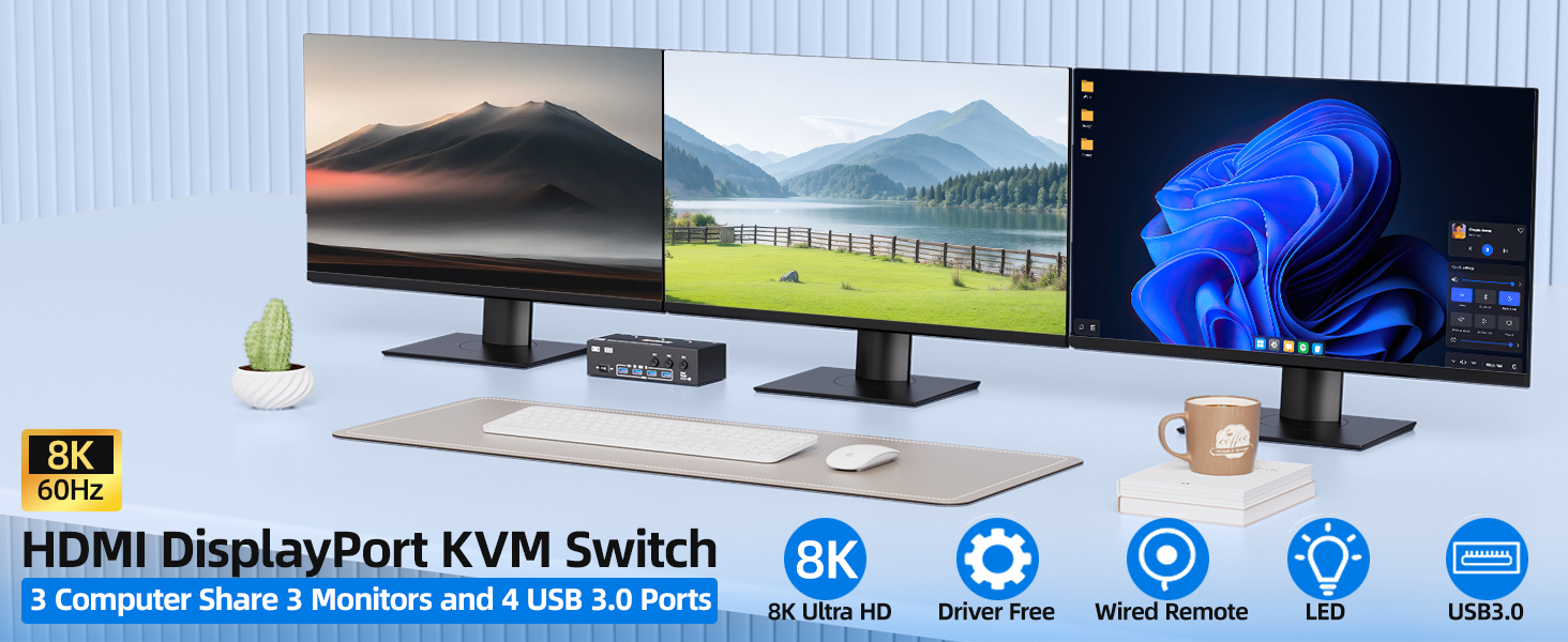 2 DP + HDMI KVM Switch 3 Monitors 3 Computers,Triple Monitor KVM Switch with 4 USB3.0 Port for Keybo