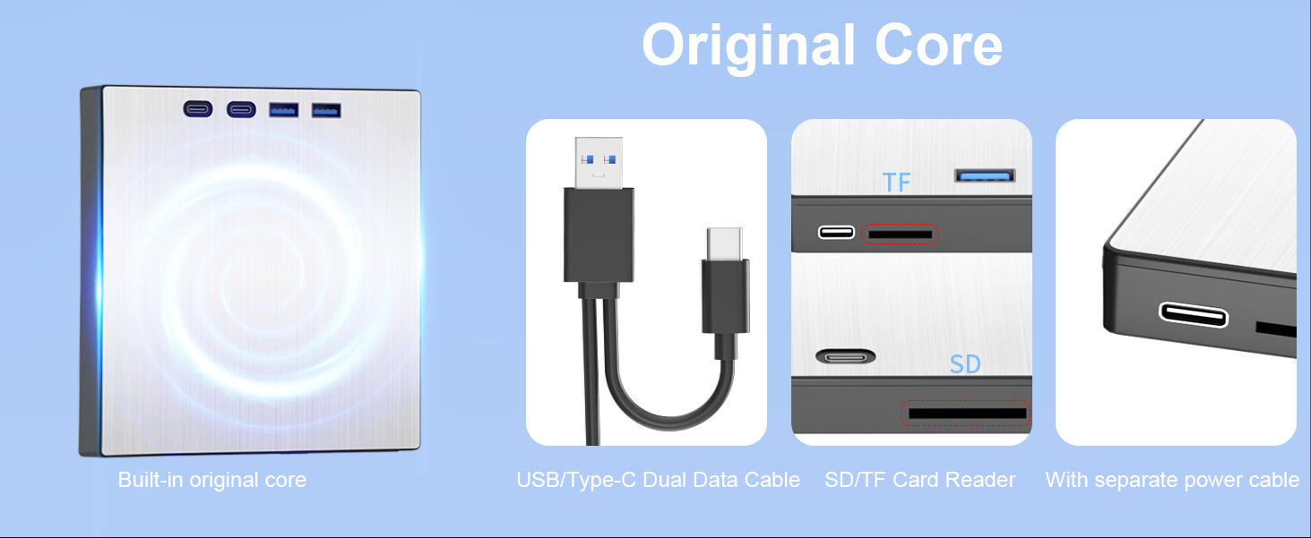 7-in-1 External CD DVD Drive, USB 3.0 Type-C CD/DVD Drive External USB with SD/TF Card Reader