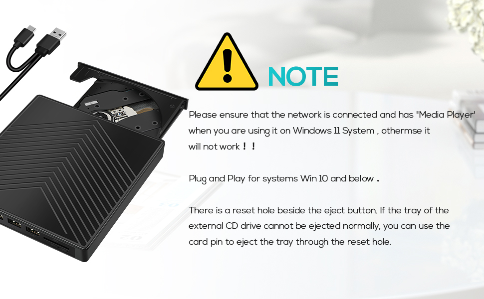 7 in 1 External CD DVD Drive for Laptop, USB 3.0 and Type-C Portable CD DVD +/-RW ROM Drive Reader B