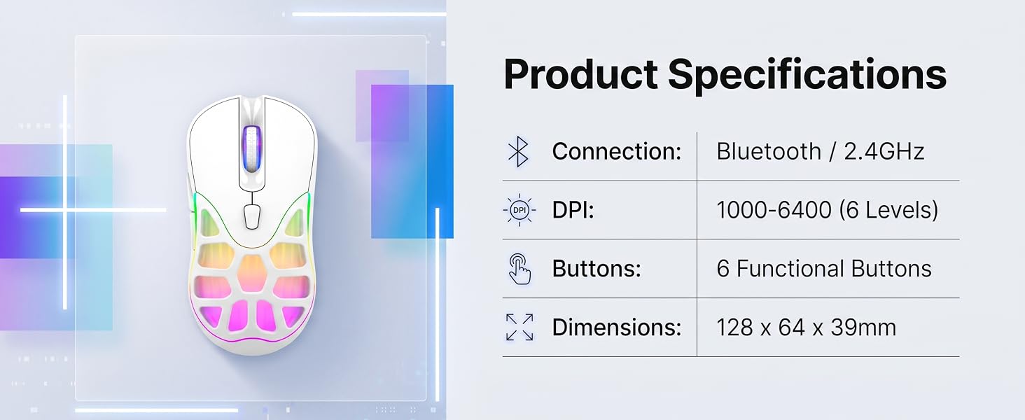 Wireless Gaming Mouse, Bluetooth/2.4G, 6400 DPI, RGB -White | Dual-Mode Bluetooth/2.4G Wireless Mous