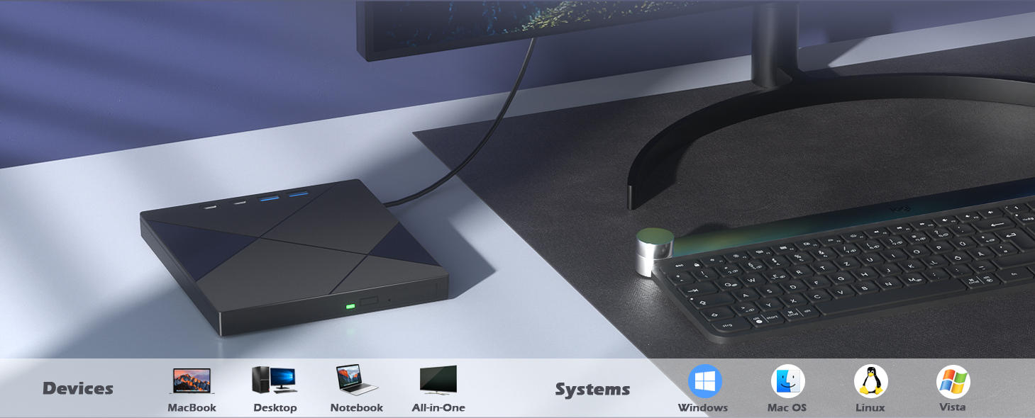 7 in 1 External CD/DVD Drive for Laptop, Portable DVD Player for Laptop with 2 USB A & 2 USB C