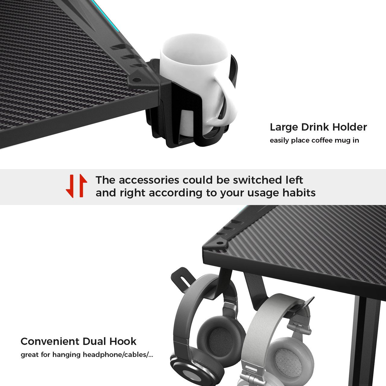 Built-In Cup Holder and Headphone Hook