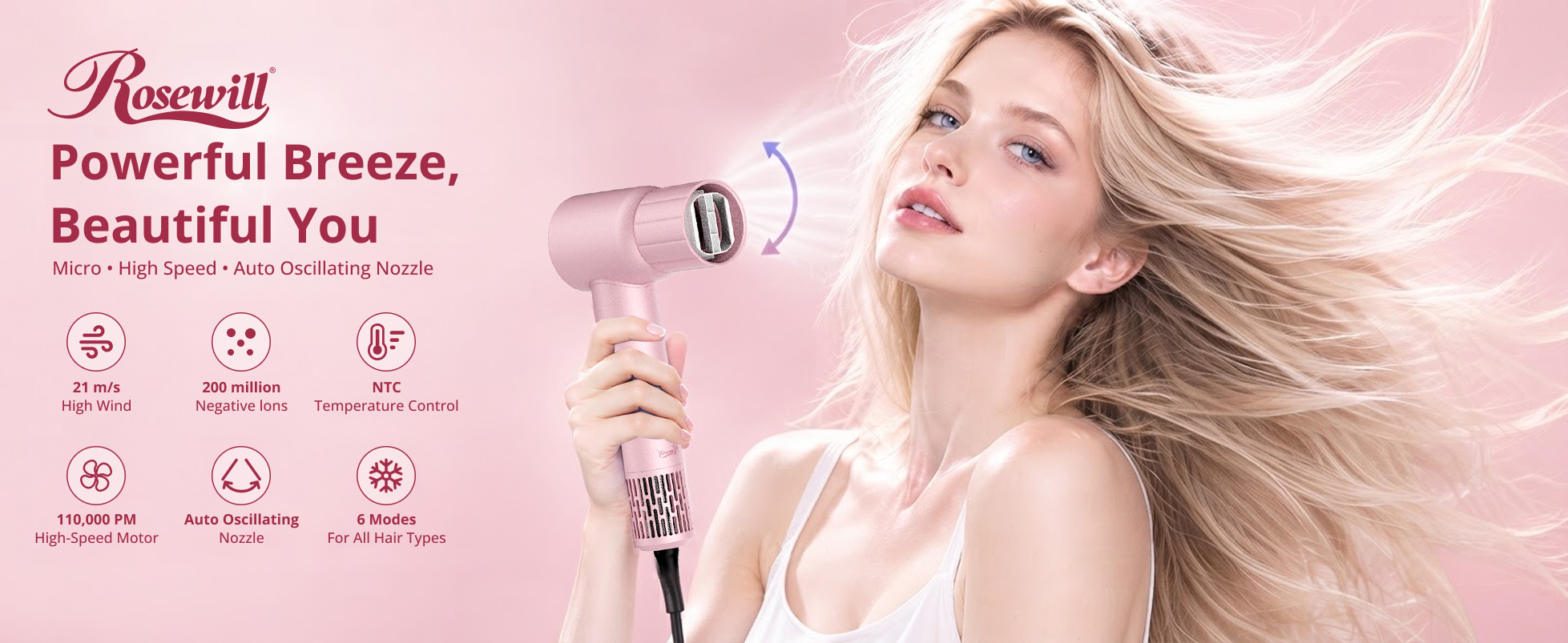 Rosewill Hair Dryer with Oscillating Styling Nozzle & Concentrator, 1300W Ionic Blow Dryer, 3 Heat 2
