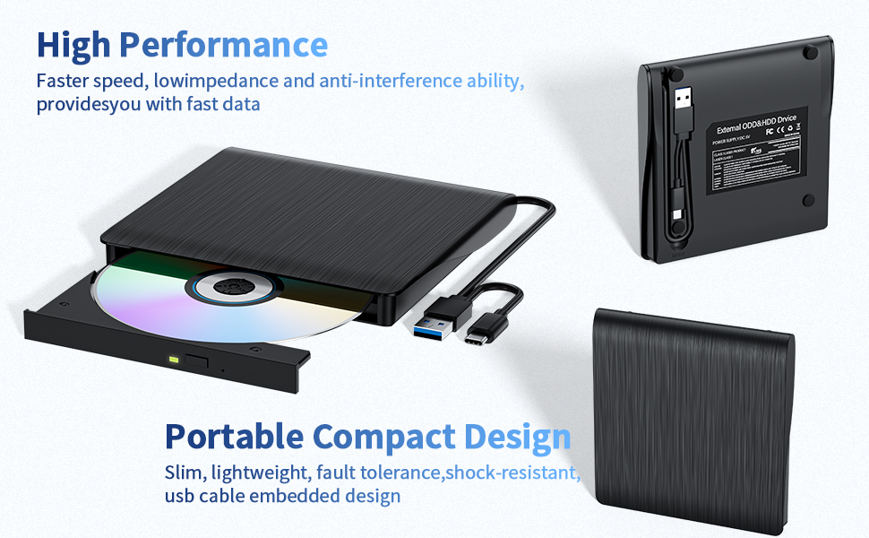 External CD/DVD Drive for Laptop, USB 3.0 & Type-C External CD DVD Burner, Portable DVD Player for L