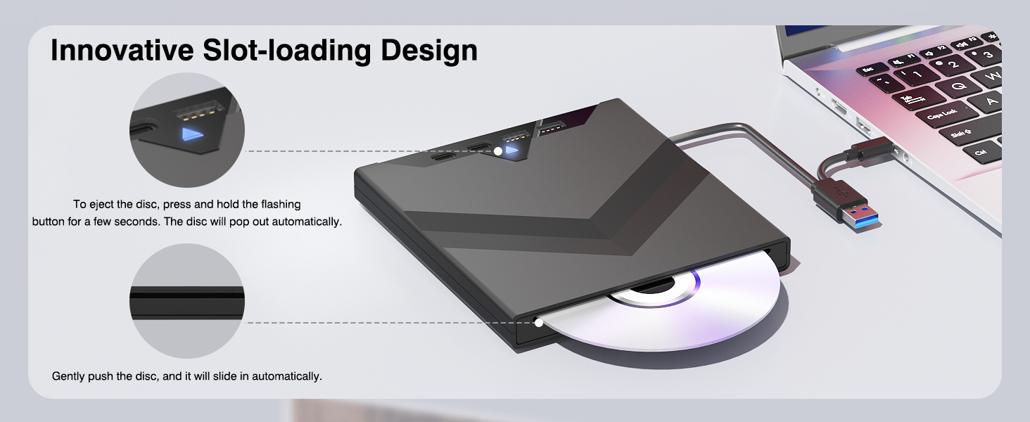 7-in-1 External CD/DVD Drive, with USB A, USB-C and SD/TF Card Slots, USB 3.0 & Type C CD/DVD Player