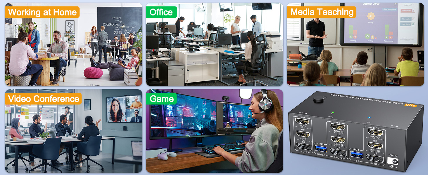 The resolution and fresh rate of triple monitor KVM switch supports up to 8K@60Hz/4K@144Hz.