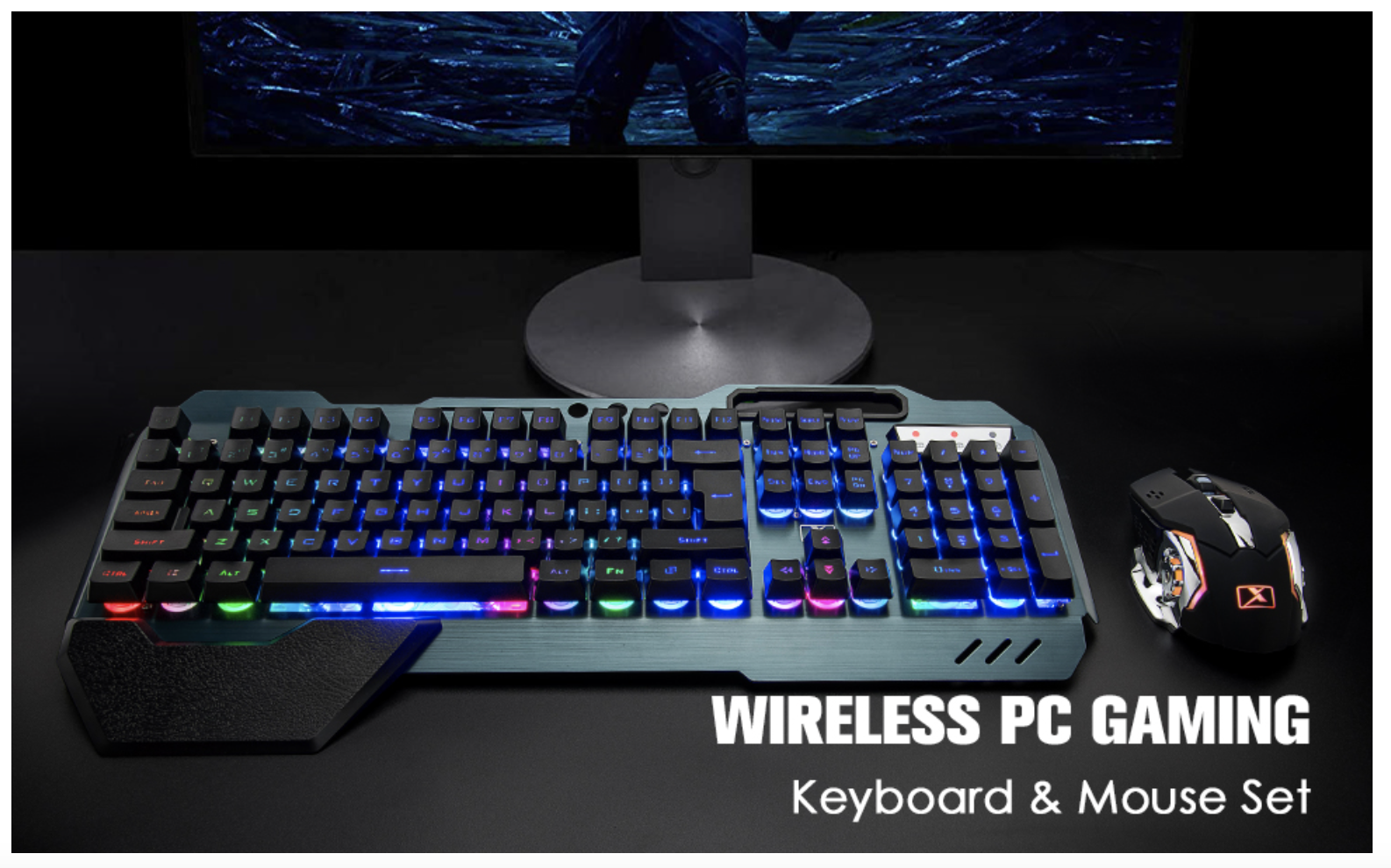 Wireless gaming Keyboard and Mouse,Rainbow Backlit Rechargeable Keyboard  Mouse with 3800mAh Battery Metal Panel,Removable Hand Rest Mechanical Feel