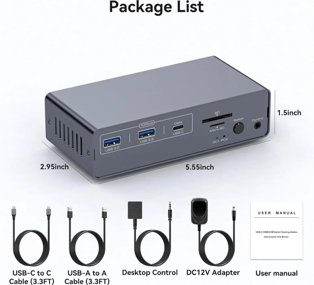 Product parameters:  1) 1 USBC + two HDMI2.0 + 1 USB3.2 input, 2 HDMI2.0 output + 2 USB3.0 + 2 USB3.