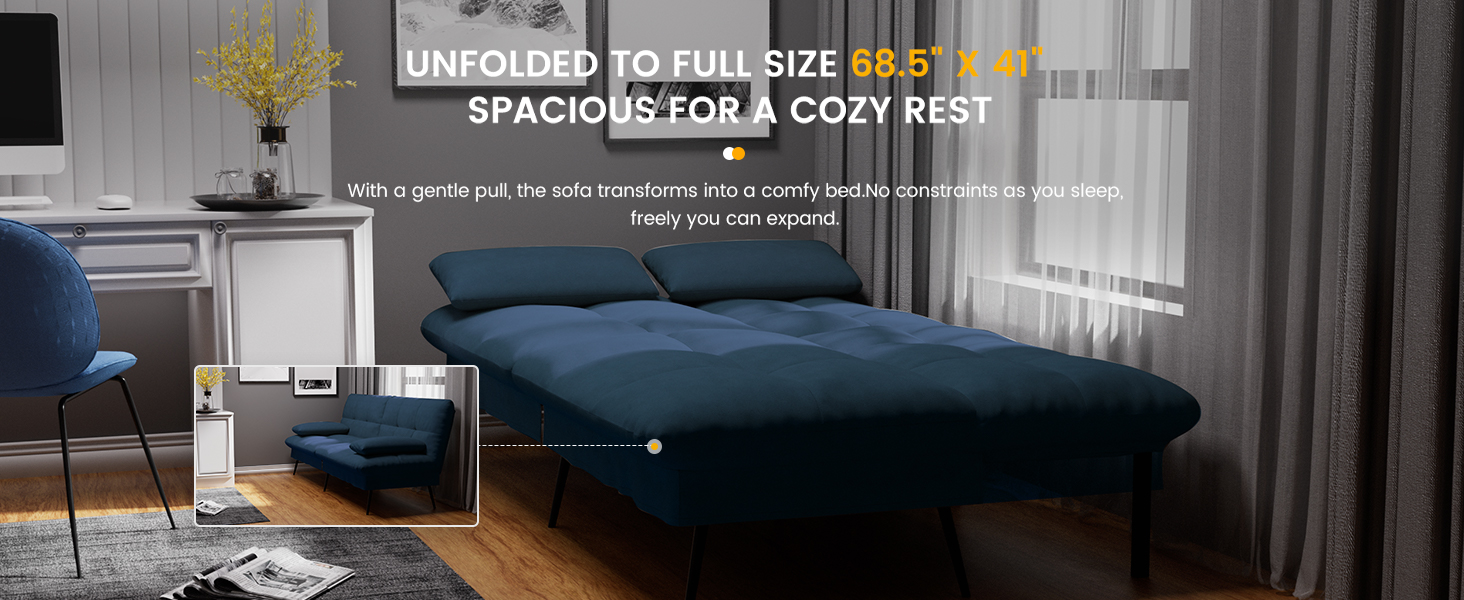 COMHOMA Convertible Futon Sofa Bed, 68Fabric Futon Couch with Adjustable Backrest, Folding Futon Sle