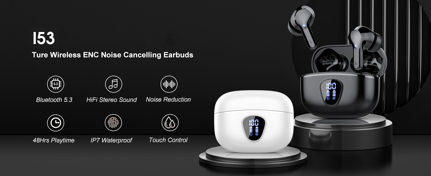 Wireless Earbuds Bluetooth 5.3 Headphones, 40H Playback HiFi Stereo LED Power Display Earphones with