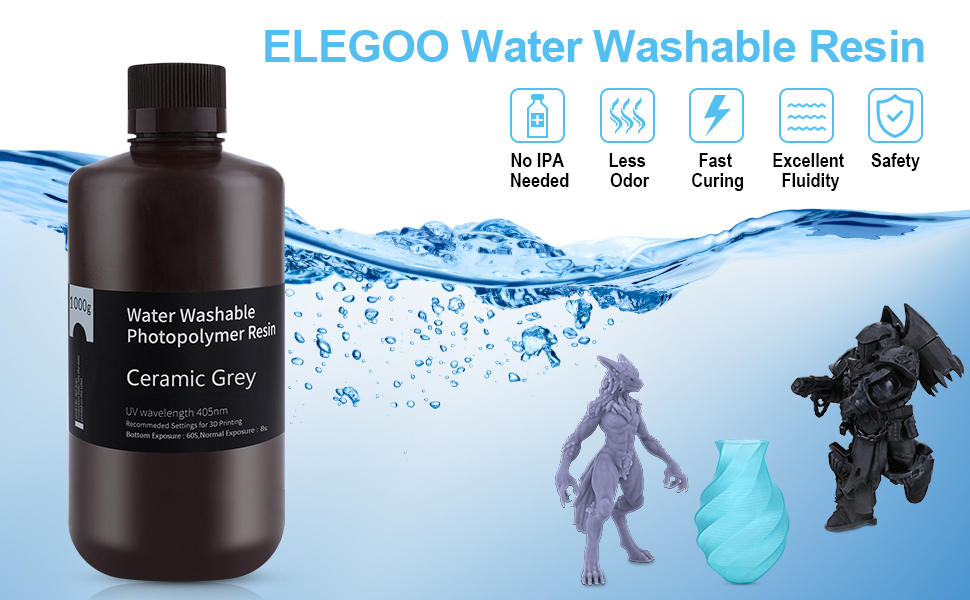ELEGOO Water Washable 3D Printer Resin, Rapid Resin 405nm LCD UV-Curing  Standard Photopolymer Resin for LCD 3D Printer Grey 1000G 