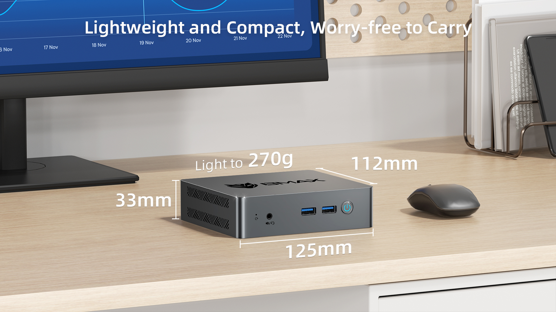 BMAX B4 Turbo compact Mini PC weighing approximately 300g for space-saving desktop setups